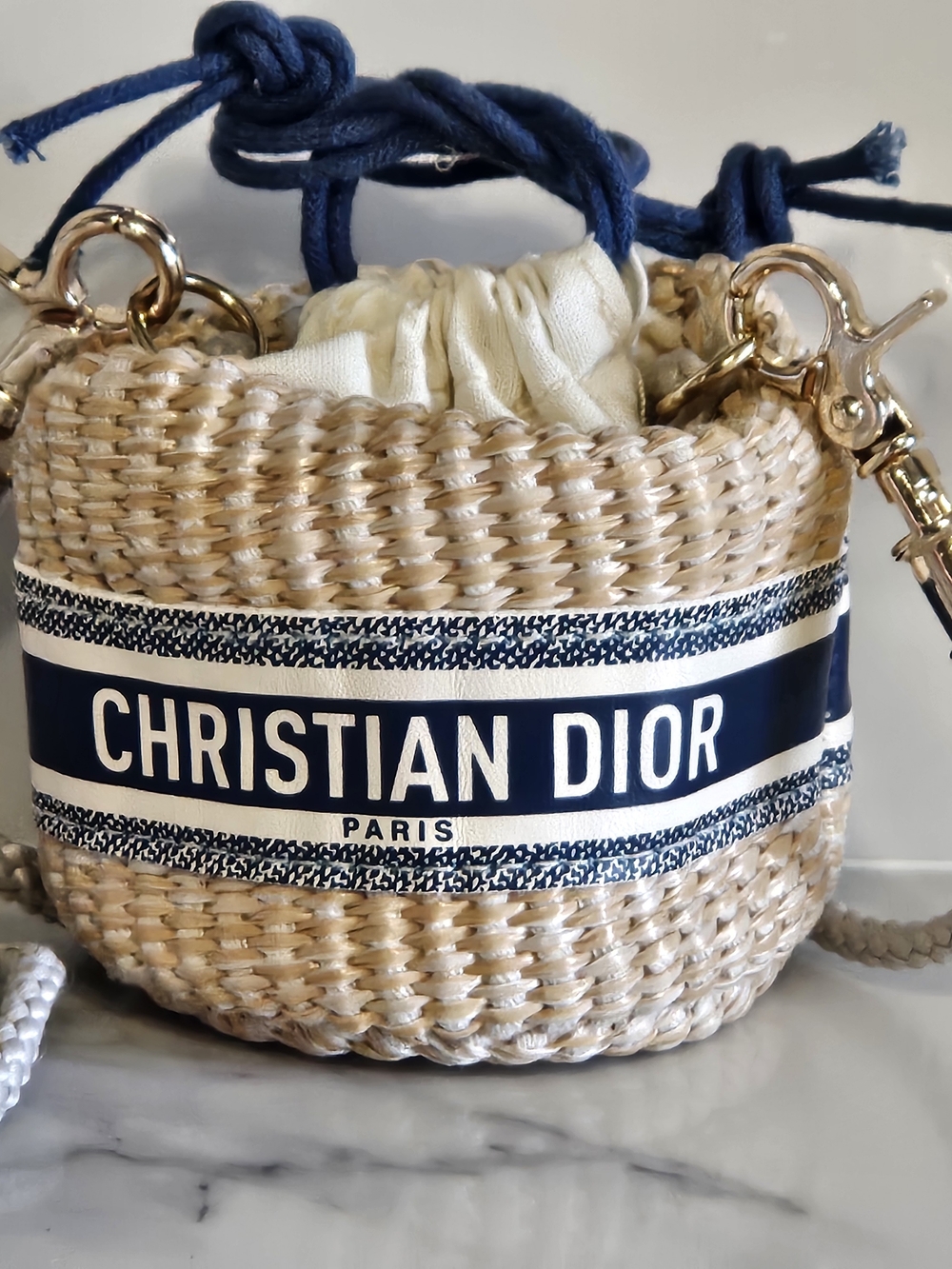 BNIB - Dior Beige Woven Mini Basket Bag with Navy Logo Band